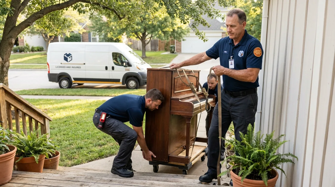 Licensed piano movers securing grand piano in Rochelle Park, NJ