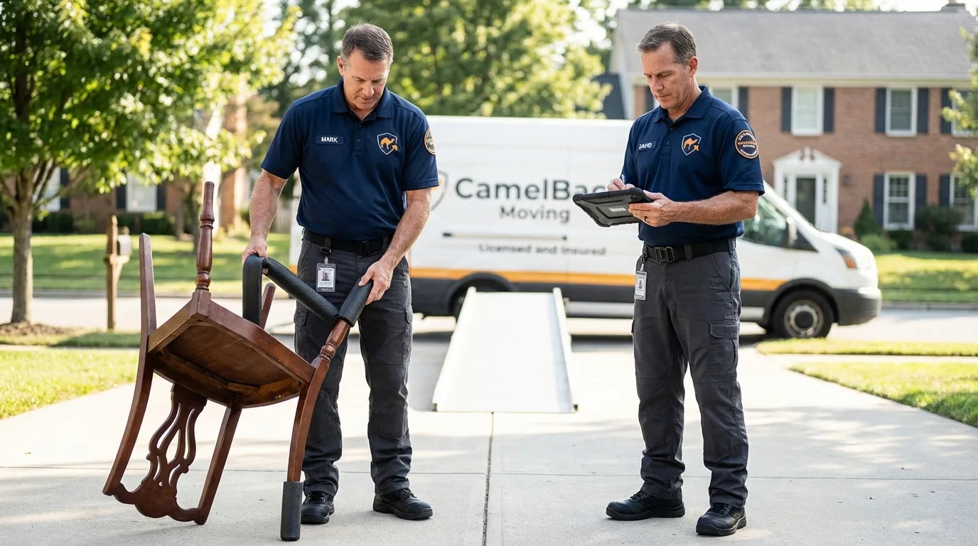Movers inspecting furniture for damage prevention before loading in Rochelle Park, NJ