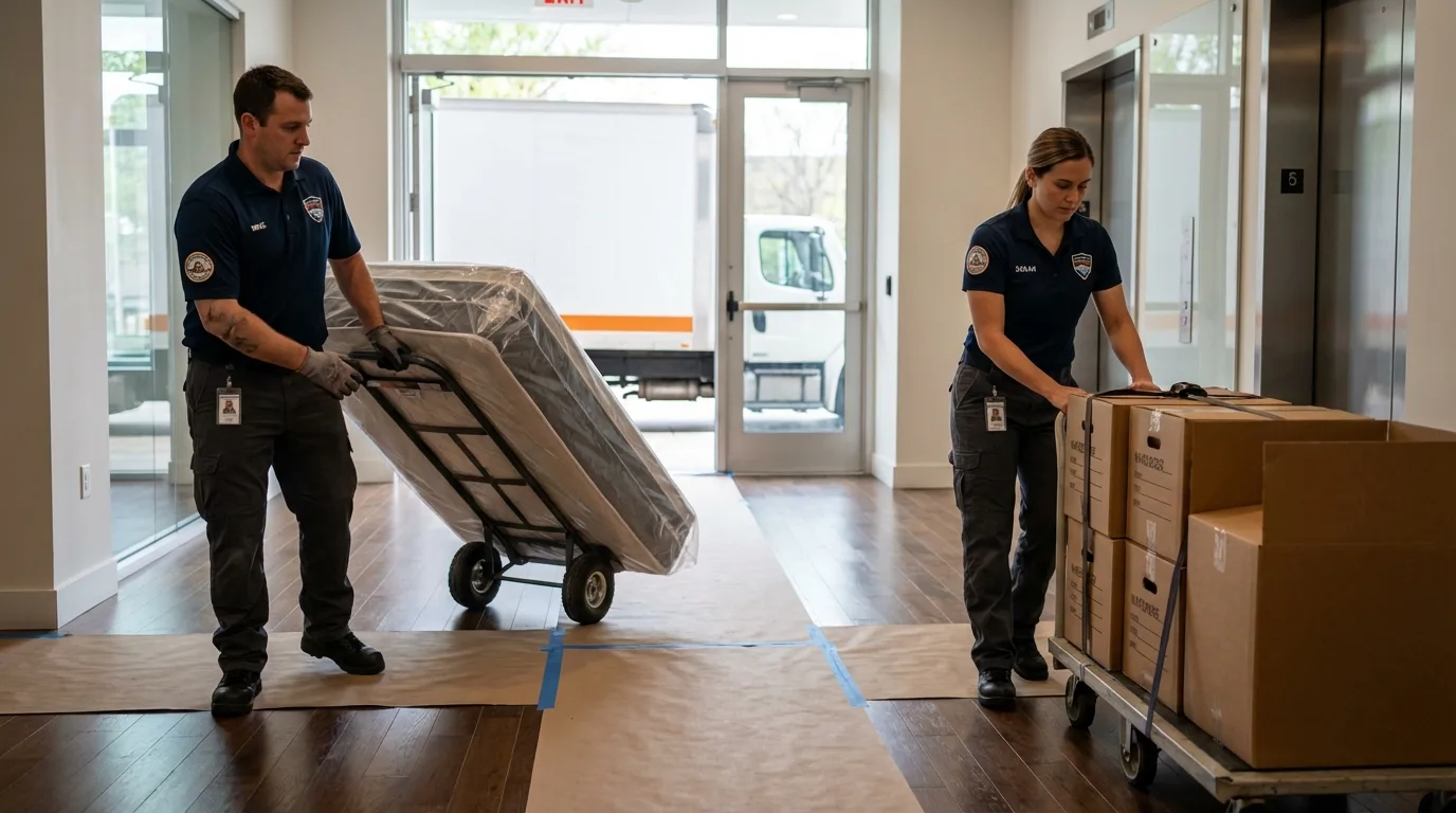 Professional apartment movers loading elevator in Rochelle Park, NJ