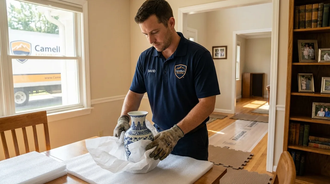 Professional crew carefully wrapping antique vase for senior downsizing move in Rochelle Park, NJ